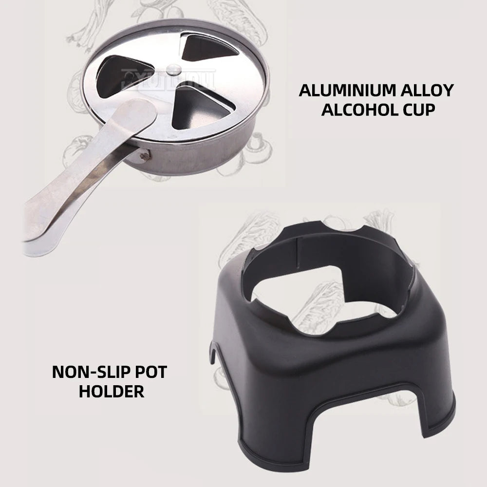 Portable smart multi-cooker components: black non-slip pot holder and aluminum alcohol cup