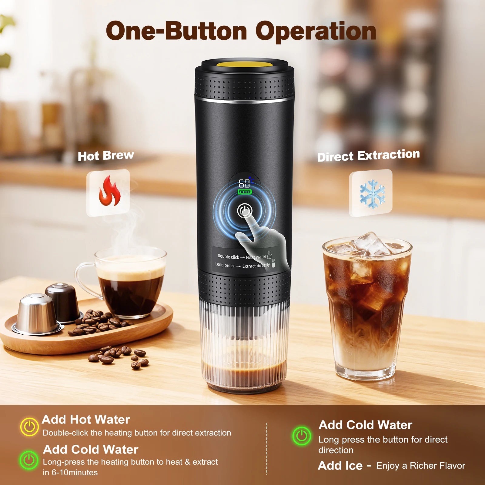 Black portable espresso maker with digital display, one-button operation for hot brew and cold ice coffee extraction.