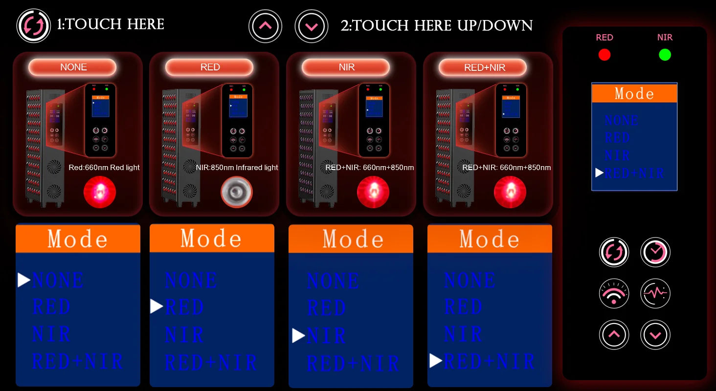 Red light therapy panel interface showing 660nm red and 850nm NIR modes for anti-aging and pain relief.