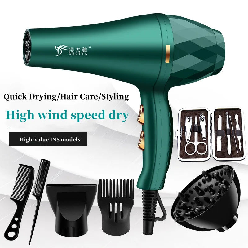 Emerald green 2400W high-speed hair dryer with attachments, styling combs, and nail kit for professional home salon use.