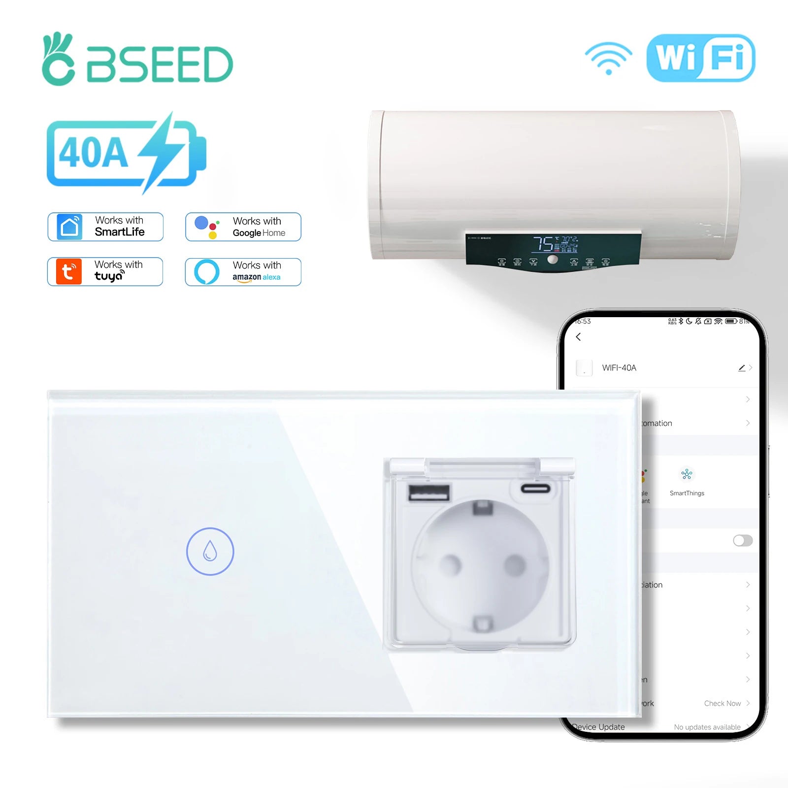 Tidesmit BSEED Wifi Smart Water Heater Switch and Matter compatible thermostat for remote boiler control.