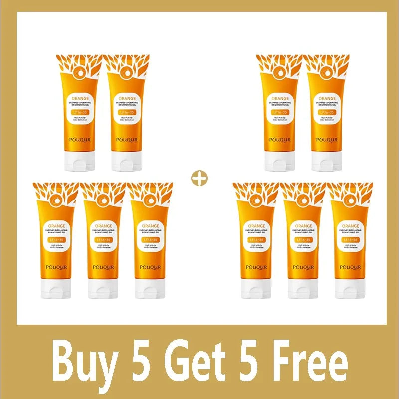 Ten tubes of orange POUQUR exfoliating peeling gel displayed in a "Buy 5 Get 5 Free" promotional format.