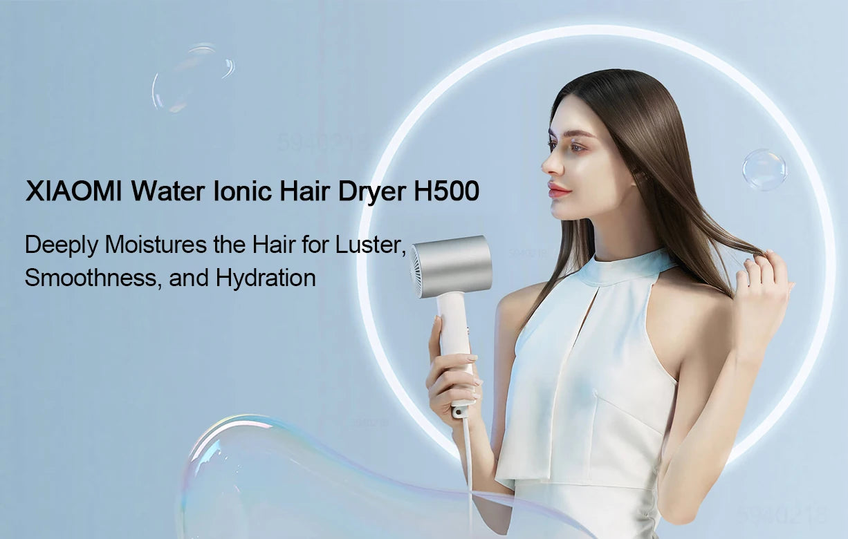 Xiaomi Mijia H500 white metallic water ionic hair dryer for smooth, hydrated hair styling in a minimalist design.