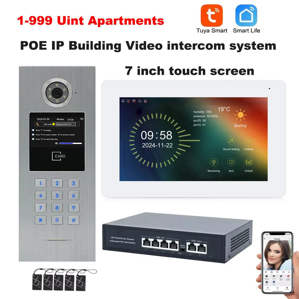 Tuya Smart Life WiFi 7 Inch Wireless HD Video Doorbell Intercom POE Switch 1-999 Unit Large Building Apartment Door Phone System