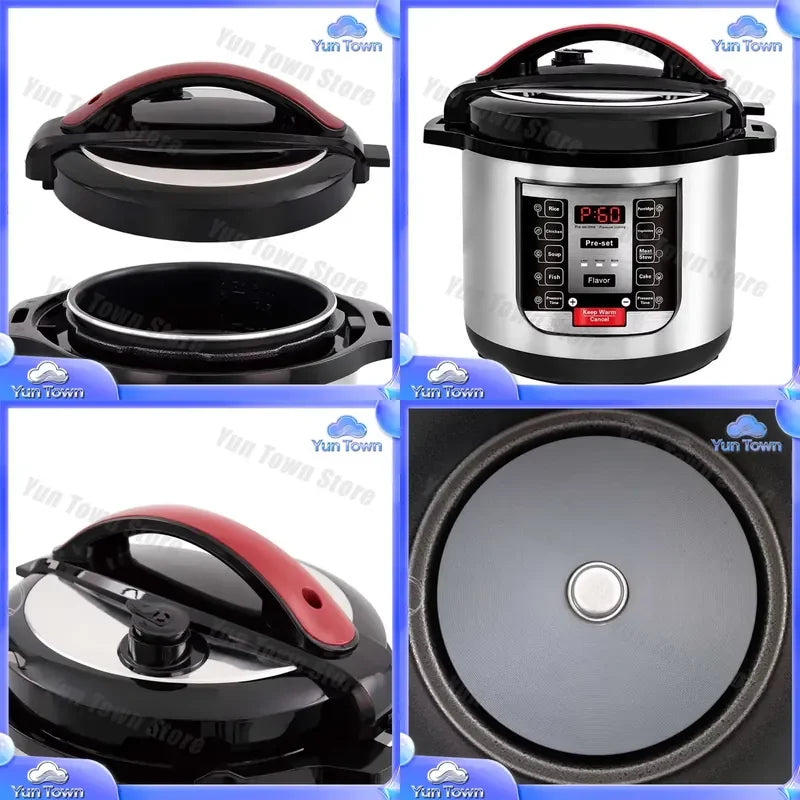 Electric pressure cooker with stainless body, black lid and red handle