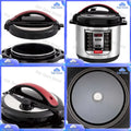 Electric pressure rice cooker with stainless body, black lid, red handle accents