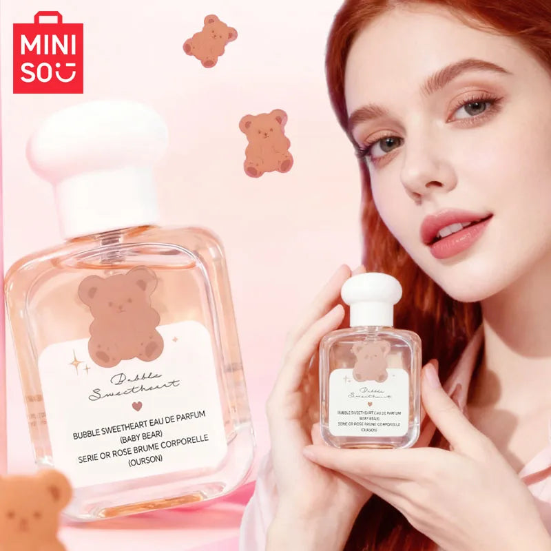 MINISO Bubble Sweetheart EDP: Luxury floral perfume for women in a cute square bottle with bear design, 15ml.