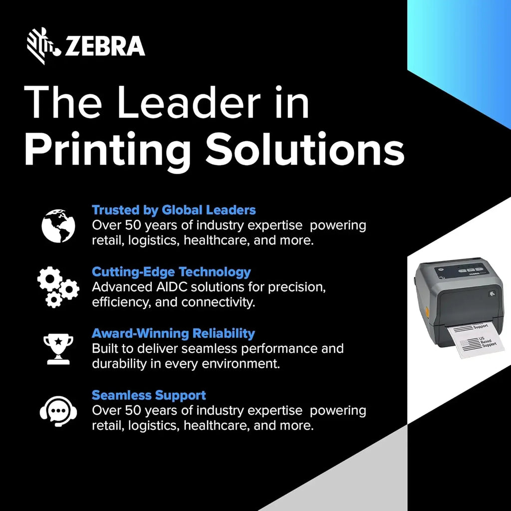 Zebra desktop thermal barcode printer shown at slight angle