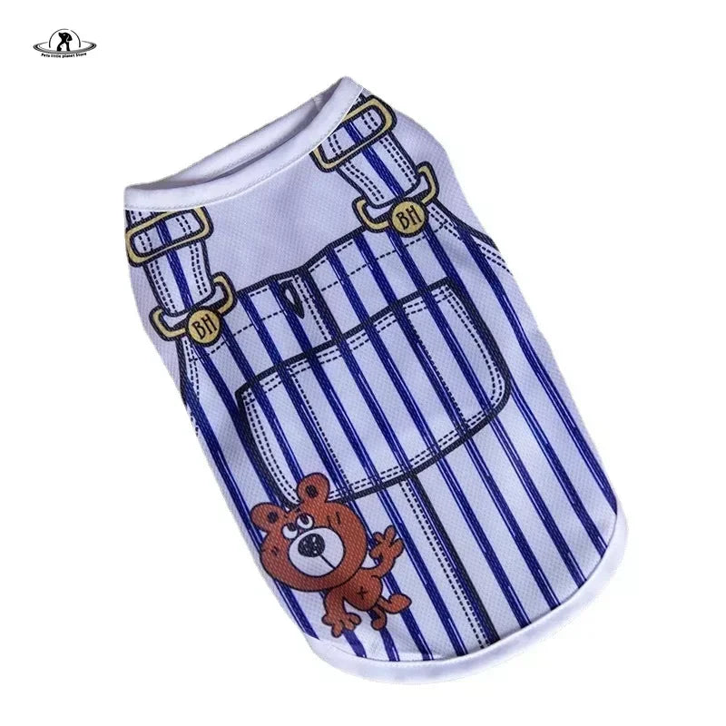 Cute blue and white striped cartoon teddy bear summer dog vest shirt for small pets, perfect breathable cat apparel.