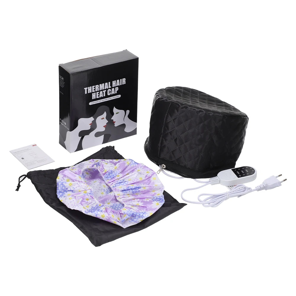 Quilted black electric hair thermal treatment cap with floral liner, 10-level controller, and box for spa hair care.