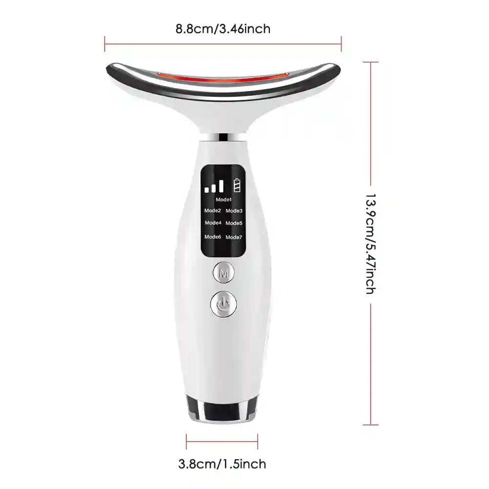 White LED face and neck beauty device with curved massage head, digital display, mode buttons, and dimension labels.