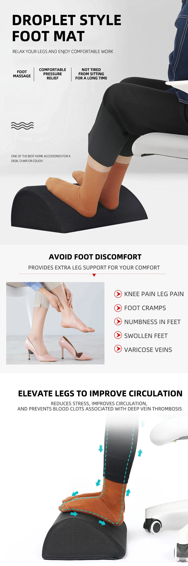 Black memory foam half-cylinder footrest for desk, gaming, or home office to improve leg posture and circulation.