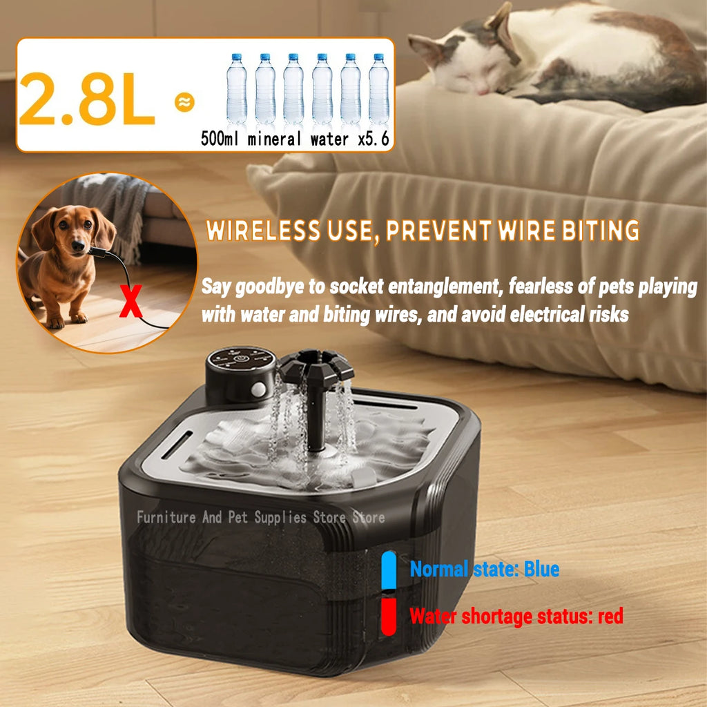 Wireless 2.8L automatic cat and dog water fountain with infrared sensor and battery for safe, clean pet hydration.
