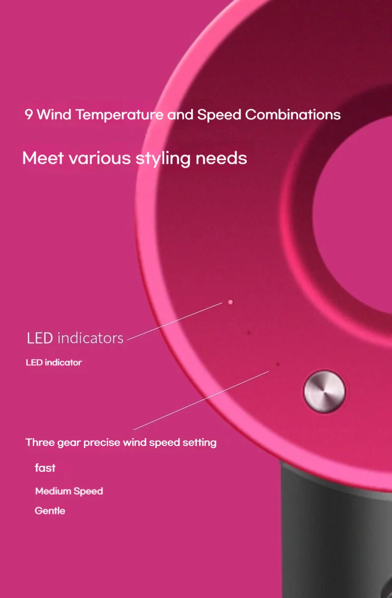 Pink high-speed hair dryer with LED indicators and 9 temp/speed settings for fast, quiet, professional styling.