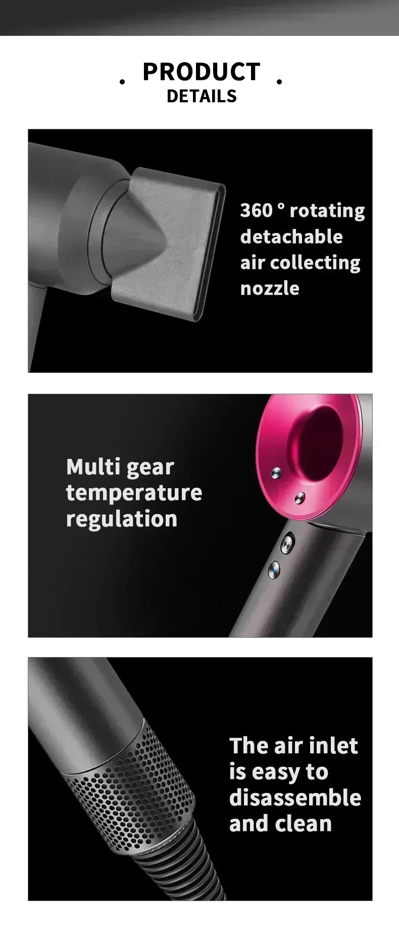 5-in-1 professional hair dryer in gray/pink with rotating nozzle, temp control, and easy-clean air filter for styling.