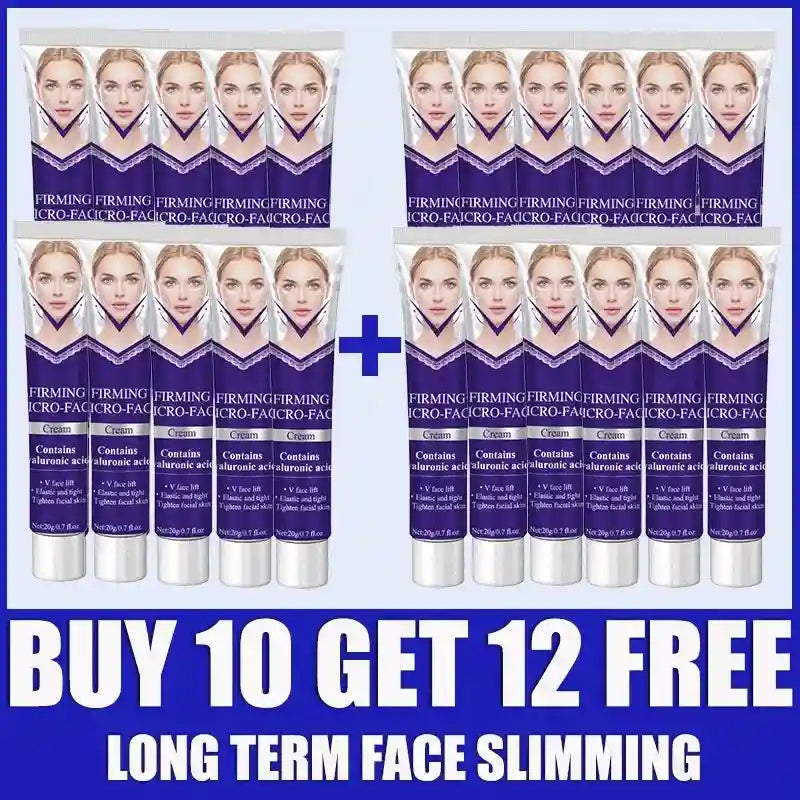 Twelve tubes of purple and white V-Line face lifting cream arranged in a grid, with text: Buy 10 Get 12 Free.