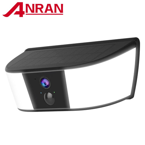 ANRAN solar wall light security camera, black and white housing with visible lens and sensor