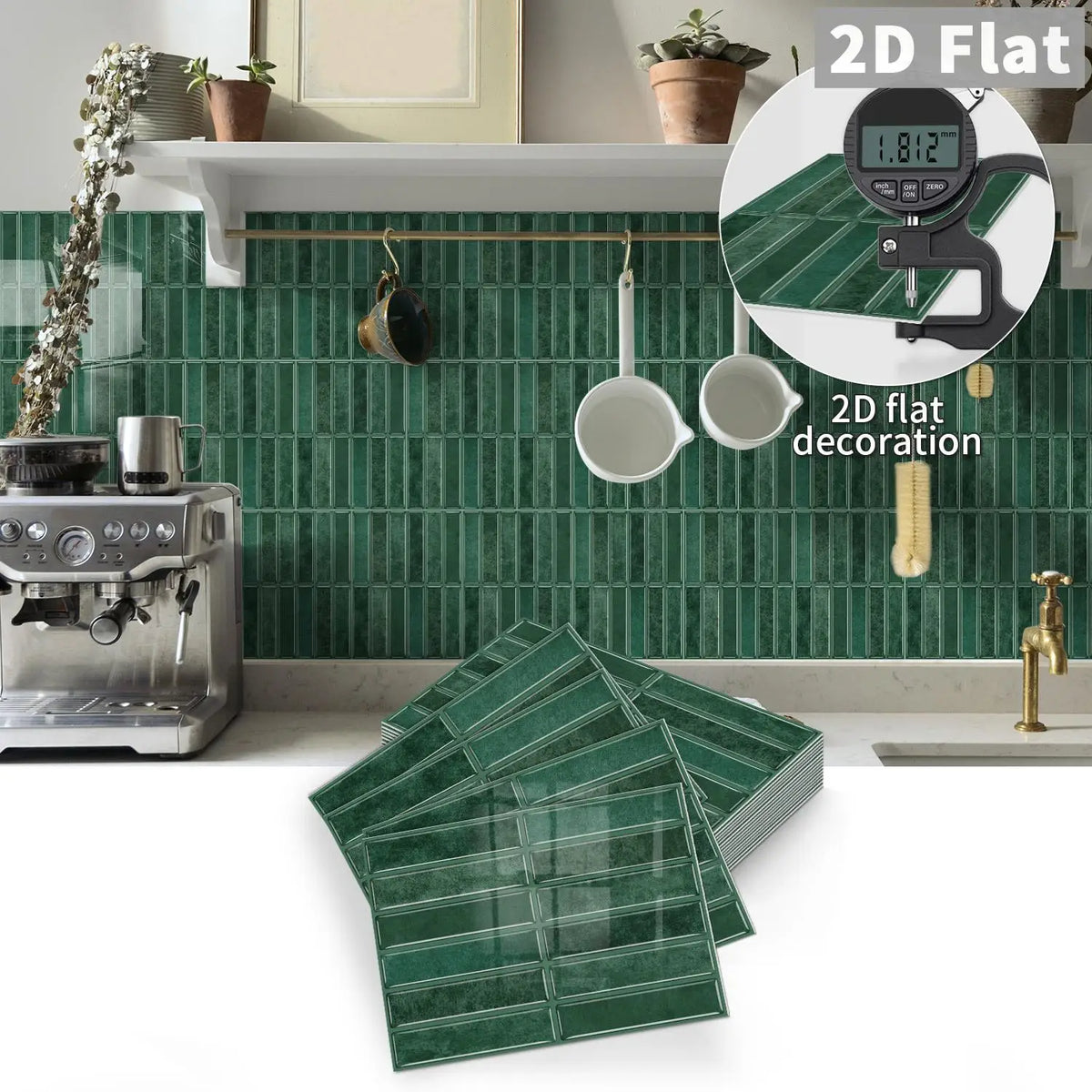 Self-adhesive dark green tile decal sheets, peel-and-stick wall decor
