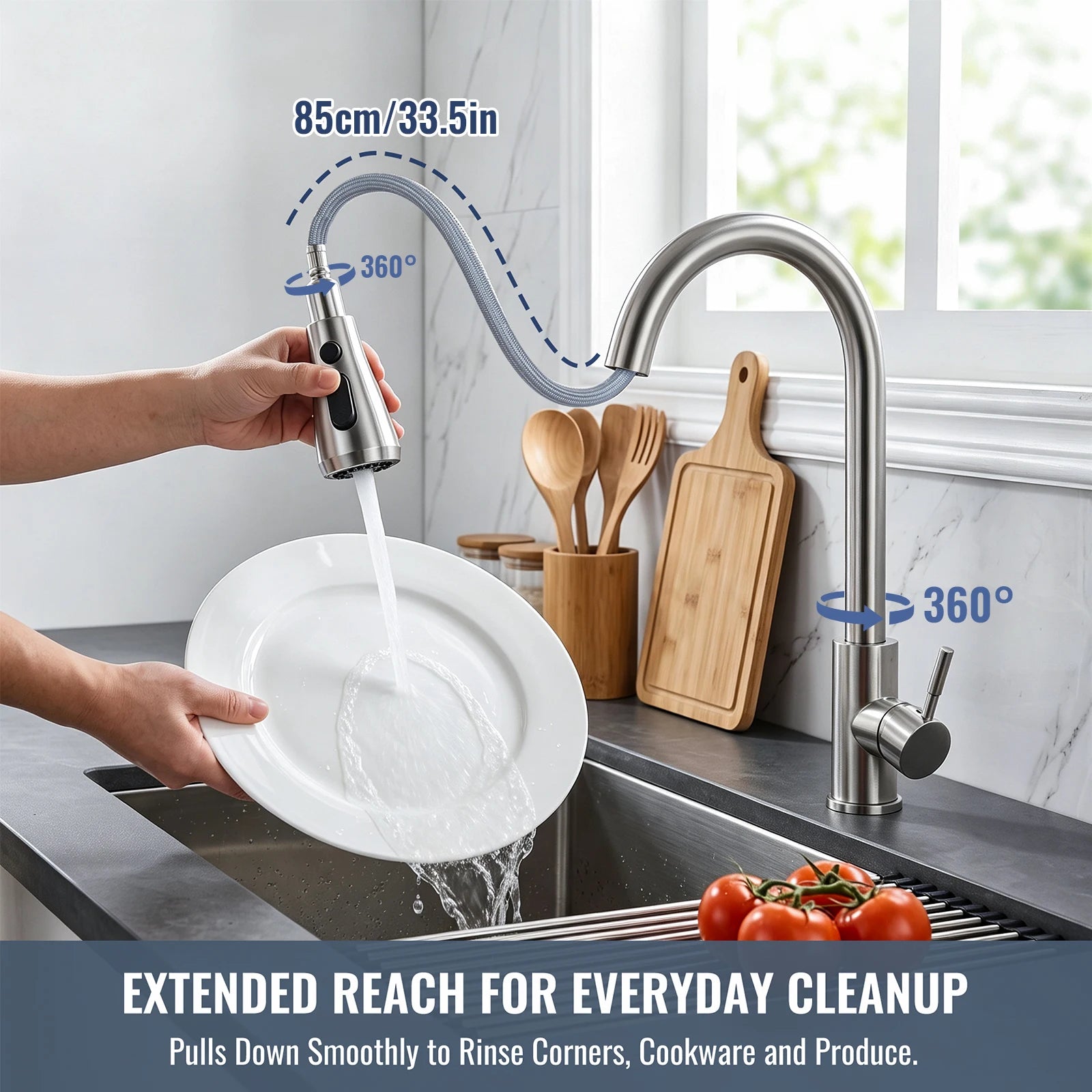 Stainless Steel Faucet Kitchen Faucet Sink Faucet with Pull Down Sprayer Hot and Cold Dual Control Bar Sink Faucet Rotation Faucet Showerhead and Bubble Water Flow