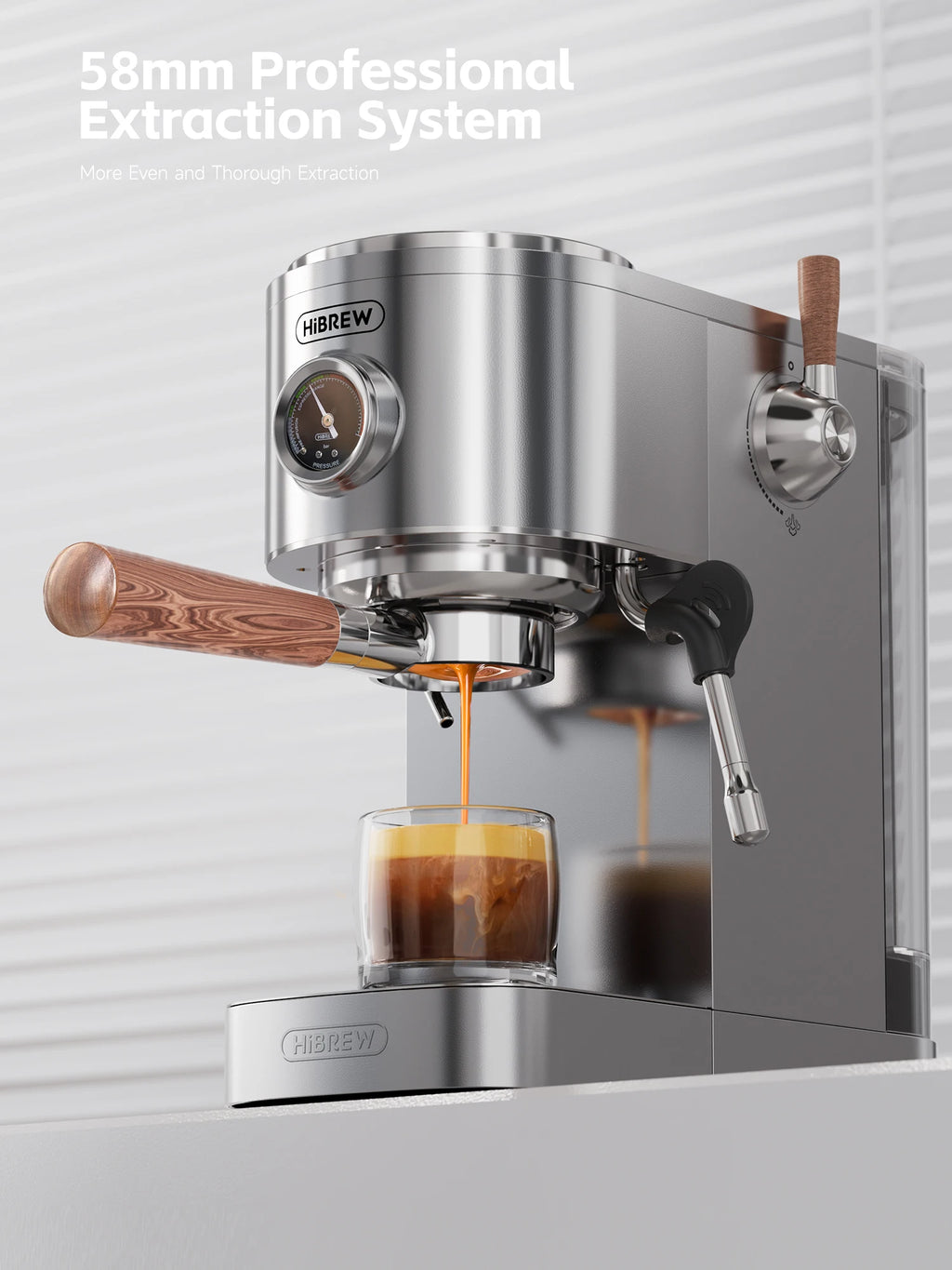 HiBREW stainless steel espresso machine with 58mm portafilter, wooden handle, and integrated pressure gauge.
