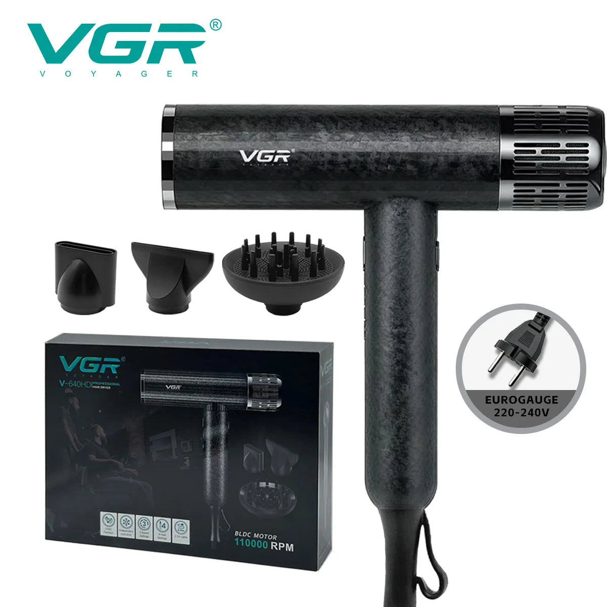 VGR professional black marble brushless hair dryer with 3 attachments, 110000 RPM motor, and Europlug power cord.