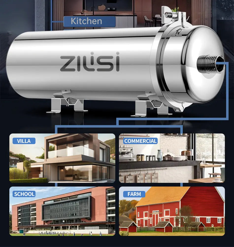 Tidesmit ZILISI whole house water purifier stainless steel mineral filter system side profile view
