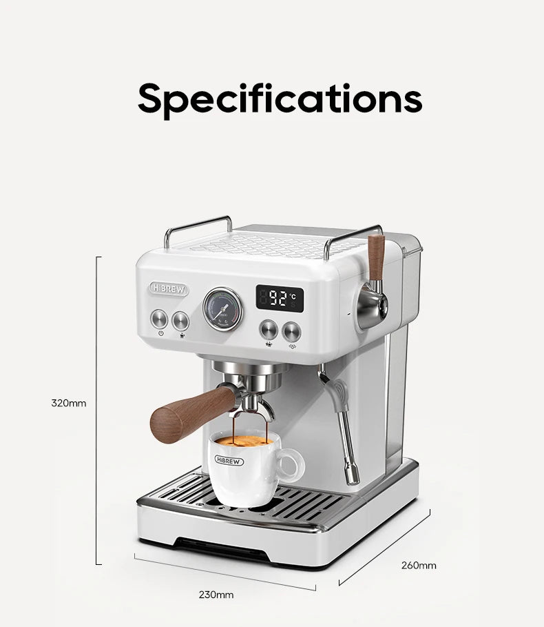 HiBREW white espresso coffee machine with wooden handle, digital display, pressure gauge, and 320mm height dimensions.