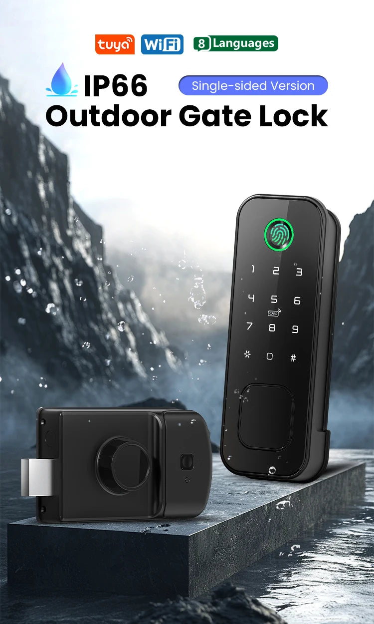 YRHAND Tuya wifi 8 language Fingerprint IP66 Waterproof Outdoor Gate Passcode Rfid Card Keyless Smart Rim Lock﻿ ﻿For home