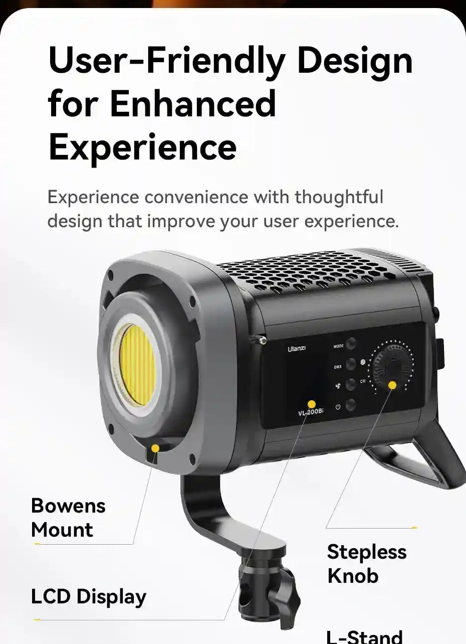 VL-200Bi LED studio light with a black cylindrical housing, Bowens mount, LCD display, control knob, and L-stand.