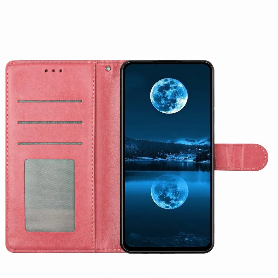 Pink leather wallet phone case with card slots, ID window, and magnetic strap, holding a smartphone with moon wallpaper.