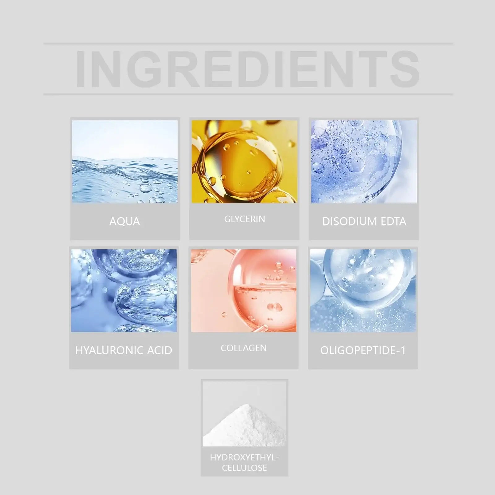 Ingredient list with icons showing water, oils, gels, and powder representing skincare components.