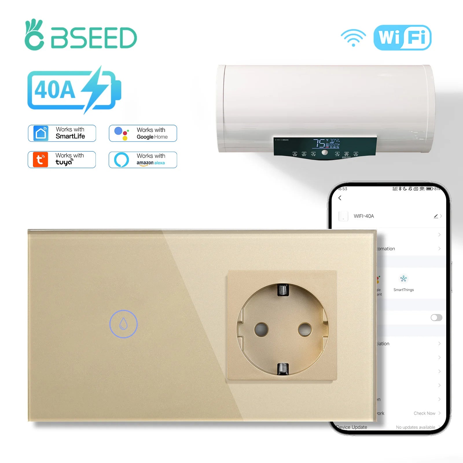 Tidesmit BSEED Wifi Smart Water Heater Switch with Matter compatibility and 40A waterproof EU boiler control.