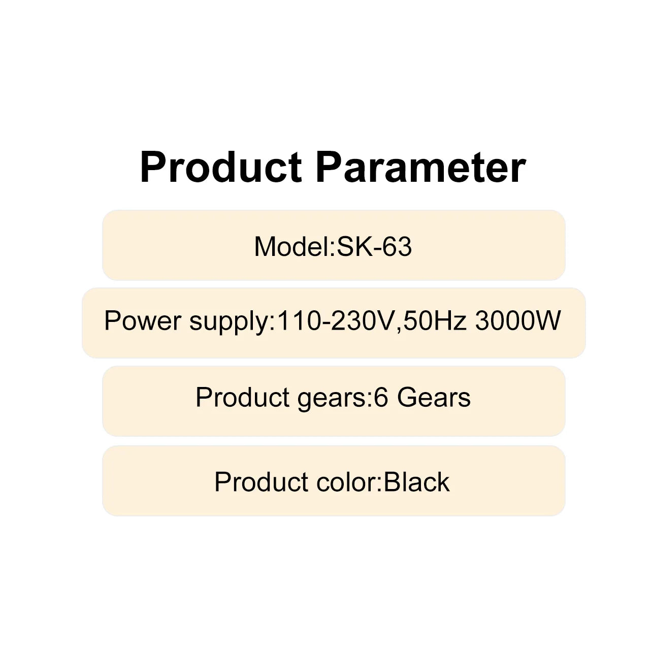 Black 3000W professional hair dryer specifications: 6 speed settings and 110-230V power for fast salon styling.