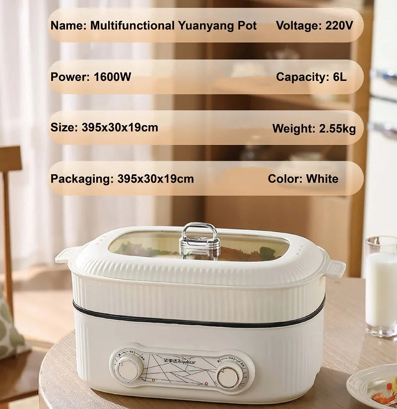 White electric hot pot with clear steam lid and two control knobs on base