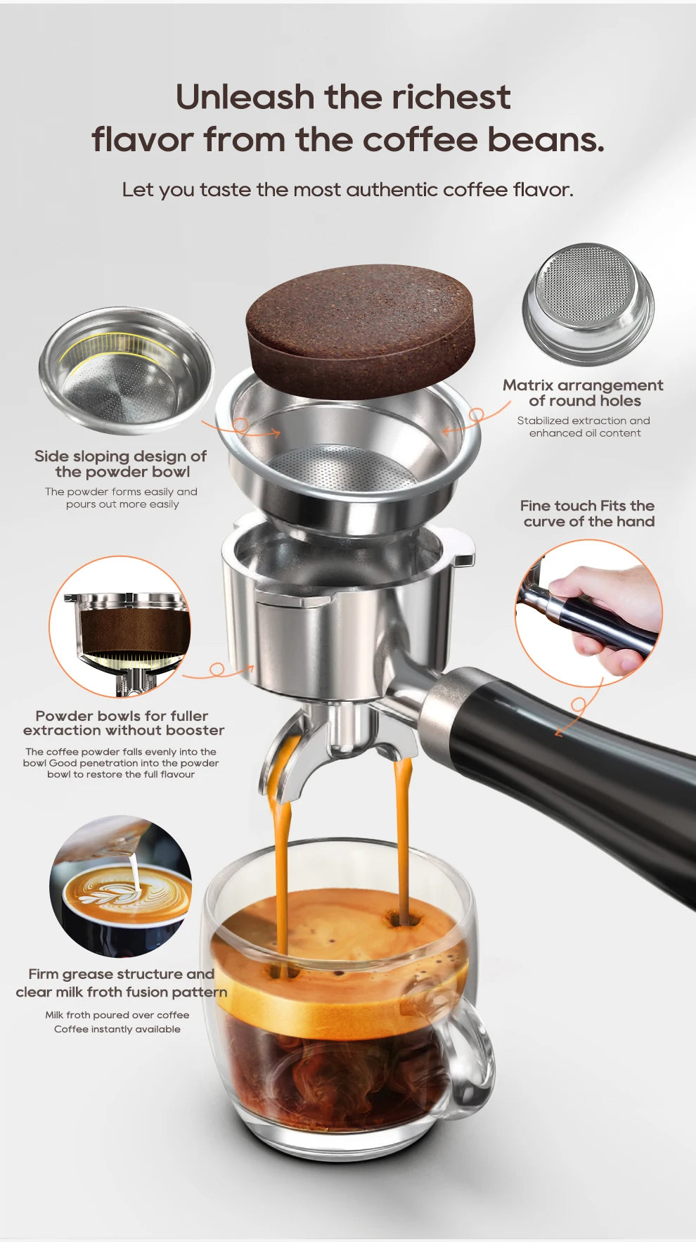 Stainless steel espresso portafilter with black handle and matrix hole filter basket brewing into a glass cup.