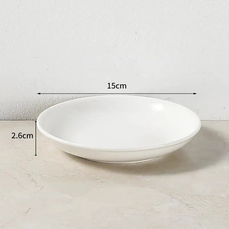 White ceramic cat and dog bowl, 15cm wide, shallow design for comfortable feeding of food or water for pets.
