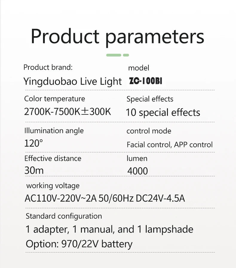 Technical specification chart for the ZC-100BI live light featuring adjustable color temperature, 4000 lumens, and app.
