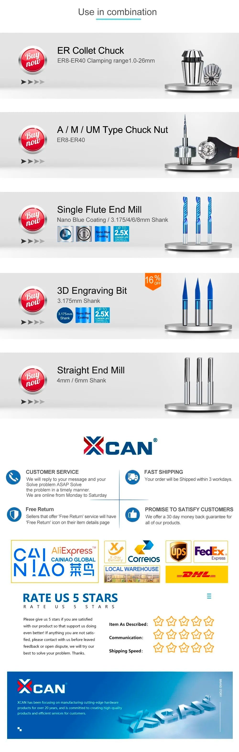 XCAN End Mills 10pcs 2x8mm 3.175 Shank Single Flute Spiral Router Bits for Cut Wood/Plastic 1 Flute CNC Milling Cutter