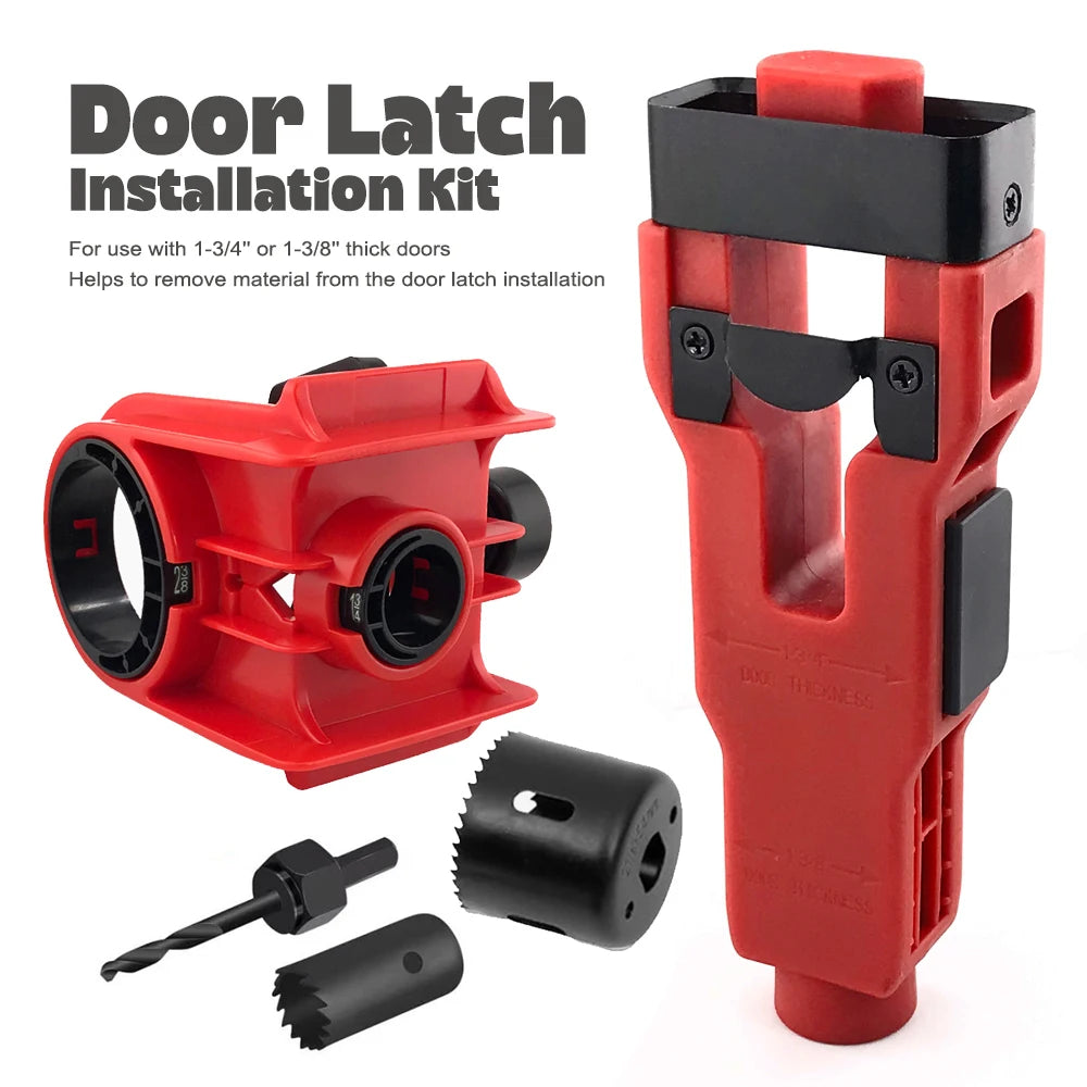 Red door latch installation kit with hole saw cutter bits and depth adjustment tool