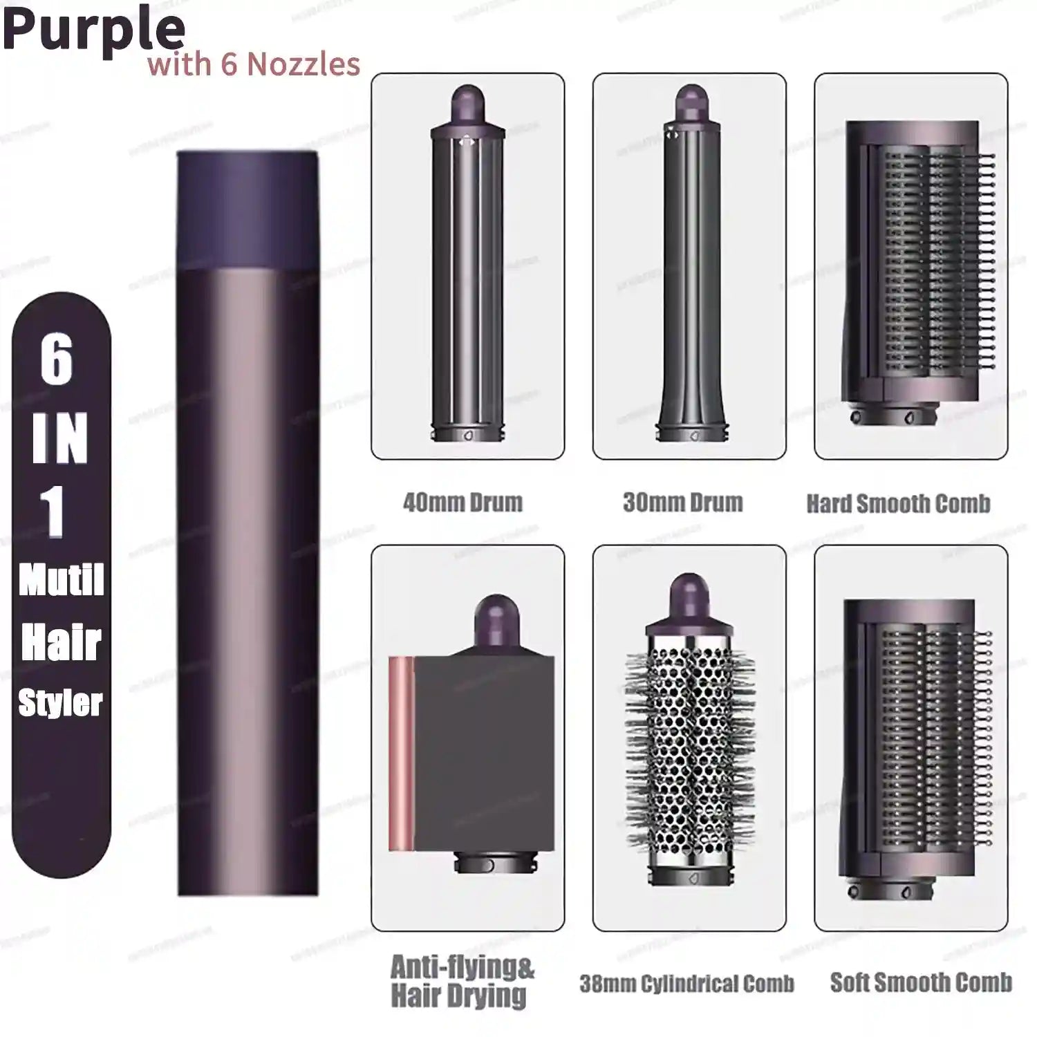 Purple 6-in-1 hair styler with auto-curling barrels, dryer, and smoothing brushes for versatile hair styling.
