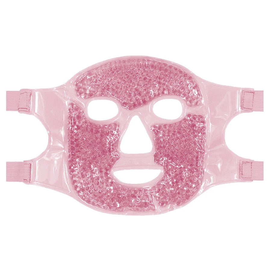 Light pink gel bead facial mask for hot or cold therapy, with elastic straps and cutouts for eyes, nose, and mouth.