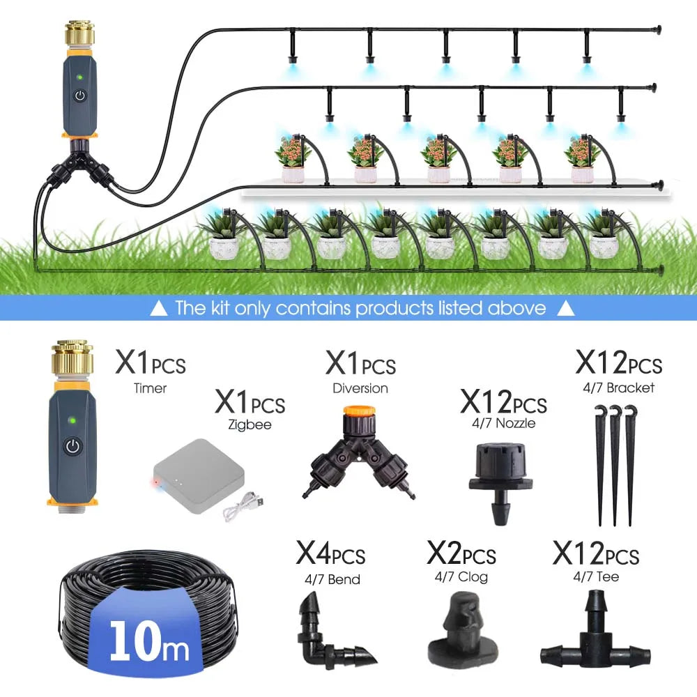 30-10m Zigbee Garden Irrigation System Adjustable Drip Watering Kit Tuya Smartlife App compatible Timer Controller 1/4'' Hose