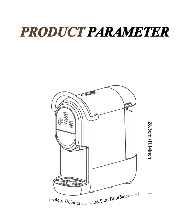Technical diagram of a compact electric coffee maker with digital display, 28.3cm height, and 14cm width dimensions.
