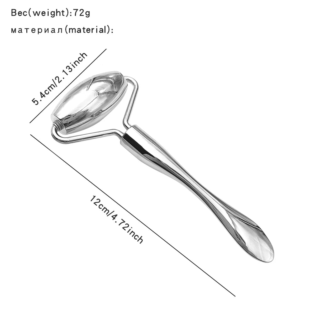 Silver zinc alloy facial roller massager with a smooth handle and oval-shaped head, shown with length dimensions.