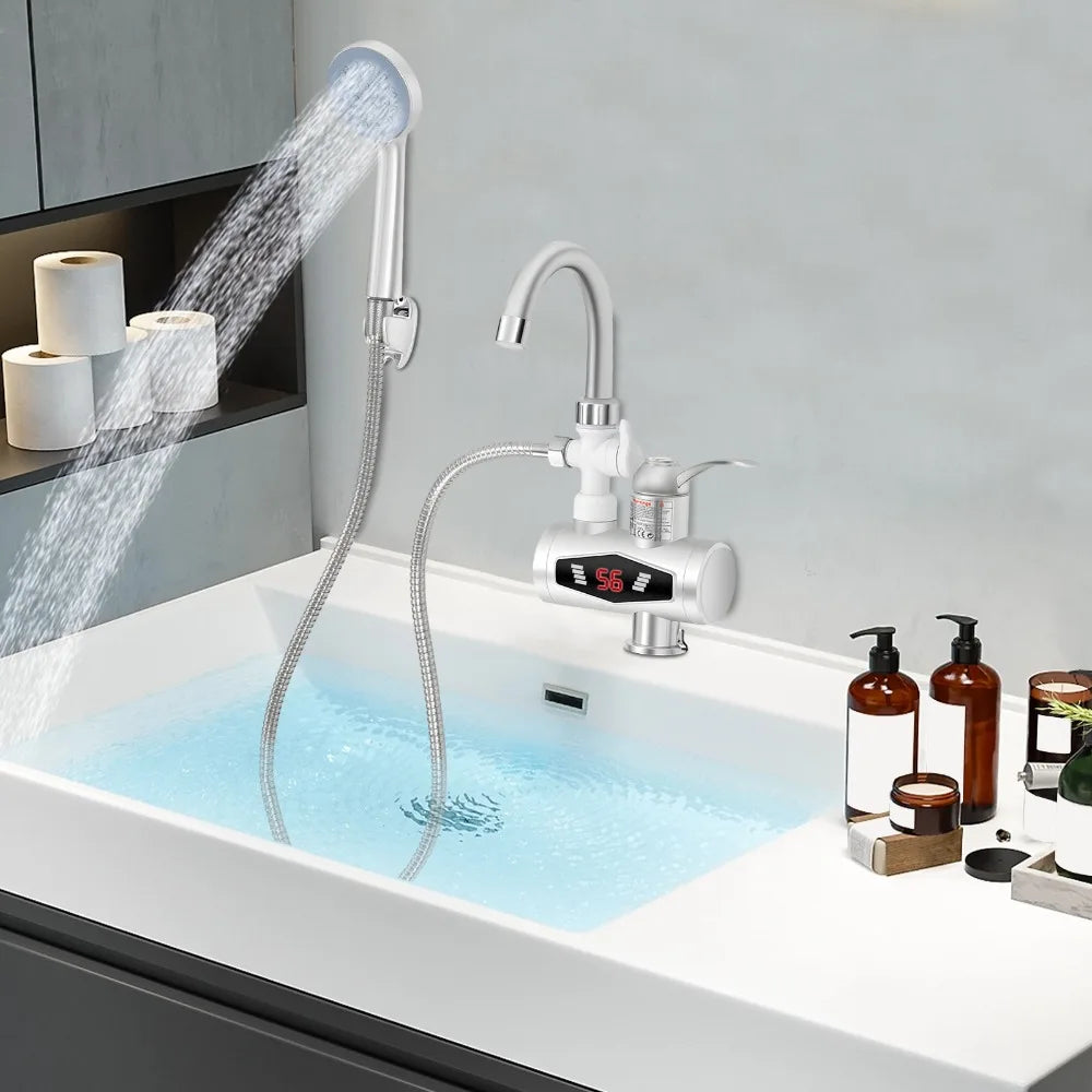 Electric Faucet, Stainless Steel Quick Heating 3000W, Kitchen Faucets with LCD Temperature Display, IPX4 Waterproof, Water Flow Control, EU Standard