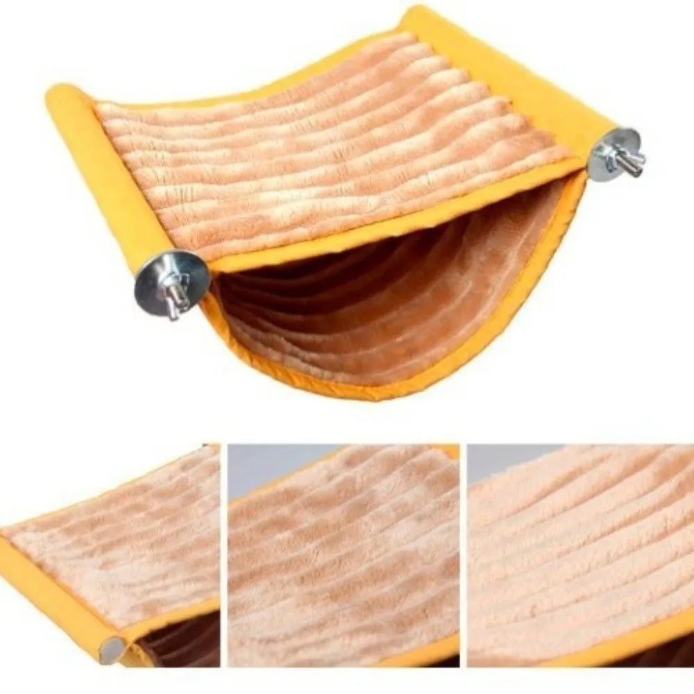 Washable yellow and grey fleece bird hammock for cozy cage perching and comfortable small pet nesting.