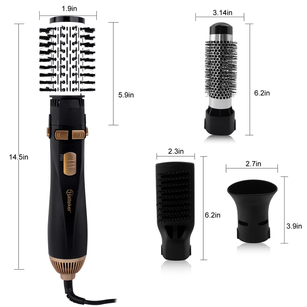 Hatteker 4-in-1 black and gold hot air brush hair dryer set with styling attachments and dimensions for women.
