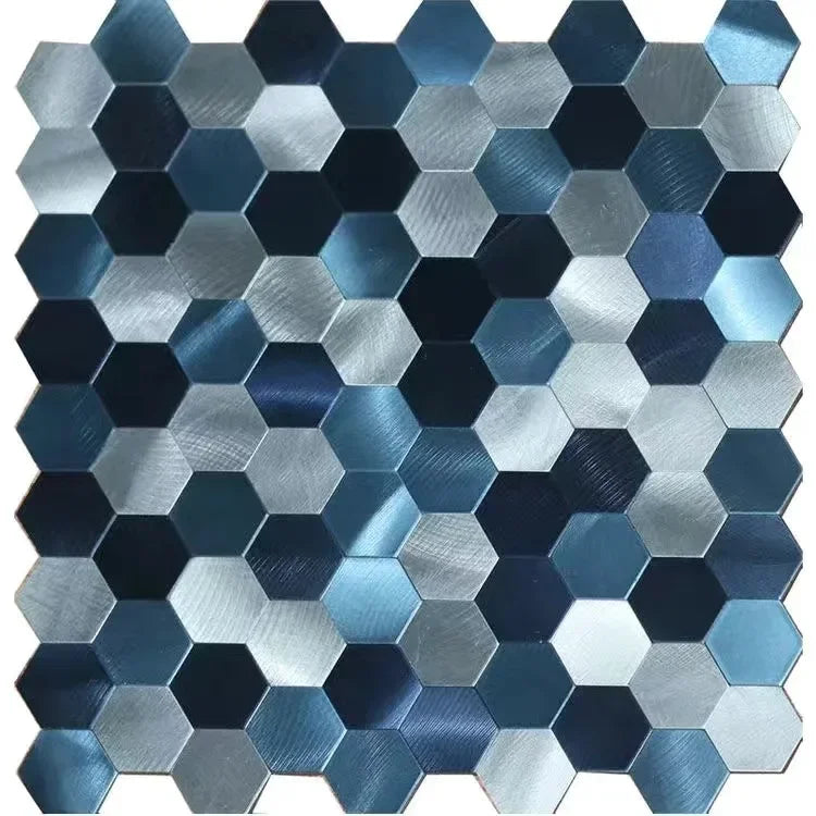 Blue hexagon metal-look peel-and-stick tile sheet close-up in navy and silver