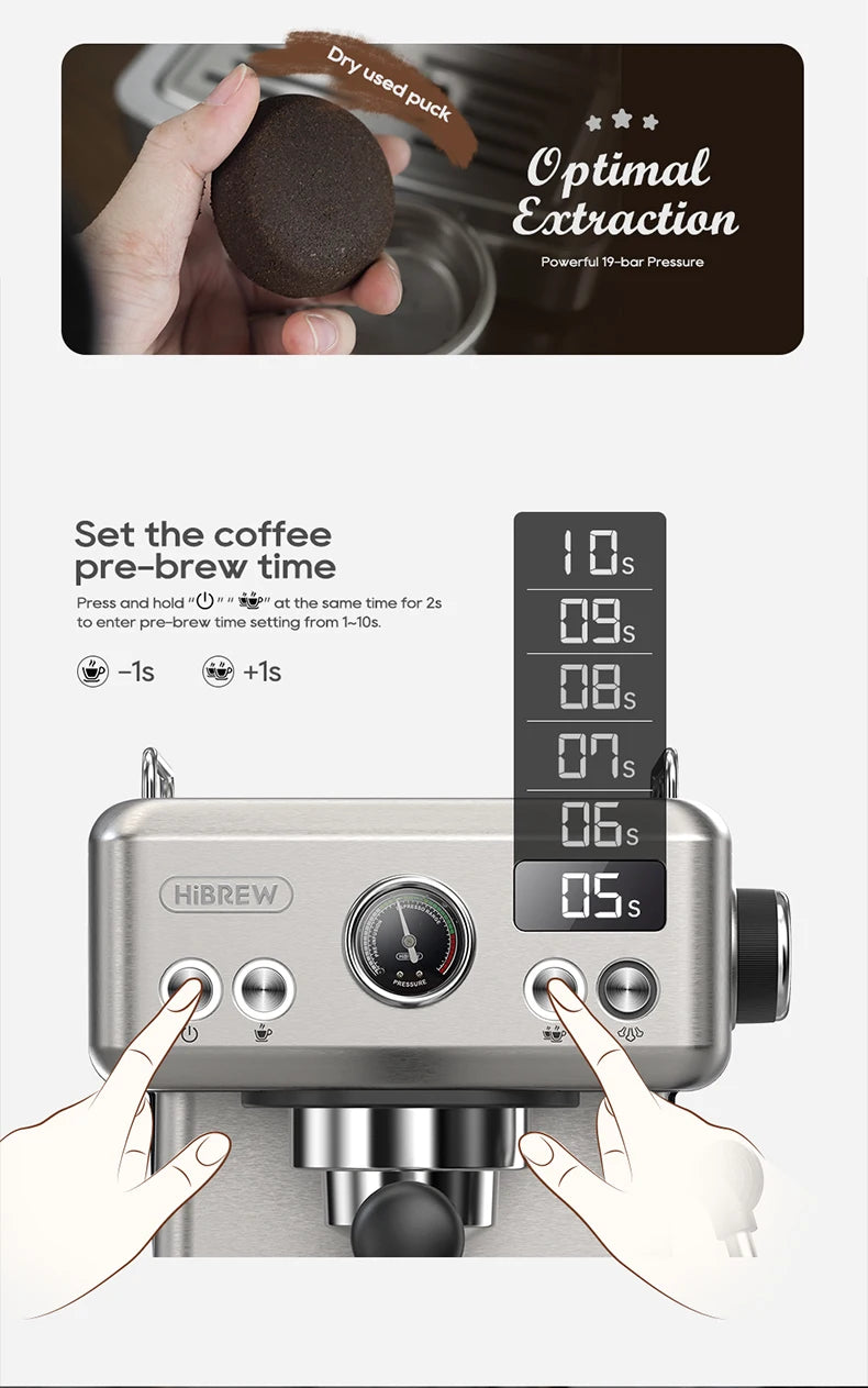HiBREW 19-bar stainless steel espresso machine with digital pre-brew timer display and pressure gauge.