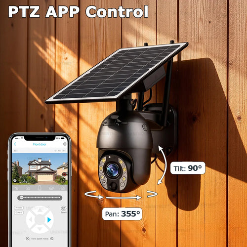 Black solar PTZ security camera mounted on wall with solar panel and dome lens
